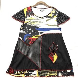 Emma G Abstract Art to Wear S Small Patchwork Polka Dot Short Sleeve Tunic Top